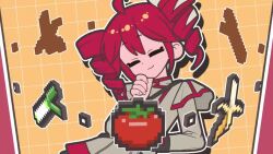 1girl animated arimoto_wataru drill_hair food fruit hands_on_own_face kasane_teto red_hair spring_onion tagme thinking tomato twin_drills utau video