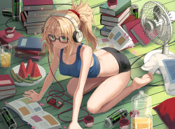 1girl ass bare_shoulders barefoot black_shorts blonde_hair blue_tank_top braid breasts cleavage denim electric_fan fate/apocrypha fate_(series) feet food fruit glasses green_eyes hands_on_floor headphones highres leaning_forward legs_folded long_hair medium_breasts monster_energy mordred_(fate) mordred_(fate/apocrypha) parted_bangs ponytail shorts sidelocks sitting soles solo strap_slip sweat tank_top toes tonee watermelon watermelon_slice