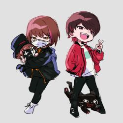Rule 34 | 2boys, absurdres, black pants, bright pupils, brown hair, cat, character request, colored tips, commentary request, copyright request, creature, deformed, fang, full body, grey background, hand in pocket, hand up, hands up, highres, holding, jacket, jiz (pffbq), kiyo (youtuber), male focus, mask, mouth mask, multicolored hair, multiple boys, open mouth, orange eyes, pants, real life, red eyes, red hair, red jacket, shirt, short hair, simple background, standing, standing on one leg, surgical mask, v, white shirt