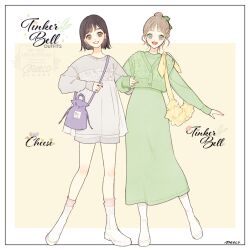 Rule 34 | 2girls, bag, blonde hair, brown hair, cheese (disney), disney fairies (movie series), dress, genderswap, genderswap (mtf), green dress, hair bun, humanization, looking at viewer, meecosme, multiple girls, short hair, single hair bun, smile, tinker bell (disney), wings