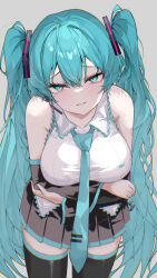 1girl absurdres alternate_breast_size aqua_eyes aqua_hair aqua_necktie arm_under_breasts black_boots black_skirt black_sleeves boots breasts collared_shirt commentary_request detached_sleeves double-parted_bangs eikawa_suru grey_background grin hair_between_eyes hatsune_miku headgear highres large_breasts leaning_forward long_sleeves looking_at_viewer loose_necktie messy miniskirt necktie paid_reward_available pleated_skirt seductive_smile shirt simple_background skirt sleeveless sleeveless_shirt smile solo thigh_boots thighhighs tsurime twintails vocaloid white_shirt zettai_ryouiki