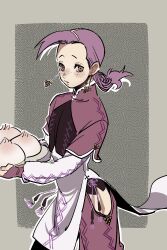 1boy alternate_costume blush braid capelet china_dress chinese_clothes clothing_cutout collared_dress cowboy_shot crossdressing dress dumpling earrings food food_request highres holding holding_tray jewelry jojo_no_kimyou_na_bouken long_hair long_sleeves looking_at_viewer male_focus open_mouth outline pink_capelet pink_hair pink_sleeves raised_eyebrows sen_(aypj8447) sleeves_past_wrists solo thigh_cutout trap tray vento_aureo vinegar_doppio white_dress white_outline white_sleeves
