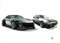 absurdres car commentary english_commentary fujiwara_takumi&#039;s_toyota_trueno_ae86 highres initial_d motor_vehicle no_humans simple_background sports_car stance_(vehicle) toyota toyota_86 toyota_sprinter_trueno traditional_media two6 vehicle_focus white_background white_car
