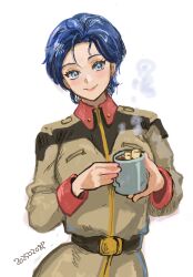 Rule 34 | belt, blue eyes, blue hair, cup, food, gundam, gundam seed, highres, holding, holding cup, hot chocolate, marshmallow, military uniform, natarle badgiruel, okrdisk2000, short hair, upper body, white background, zaft uniform
