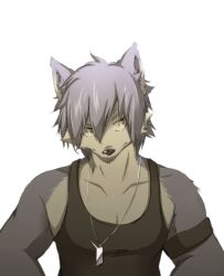 1boy animal_ear_fluff animal_ears armband biceps black_tank_top closed_mouth collarbone commentary_request dog_boy dog_ears dog_nose dog_tags furry furry_male grey_fur grey_hair jewelry kitaguni_paruma_(dosanco15) kouya_aotsuki looking_to_the_side looking_up male_focus morenatsu necklace pectoral_cleavage pectorals tank_top yellow_eyes