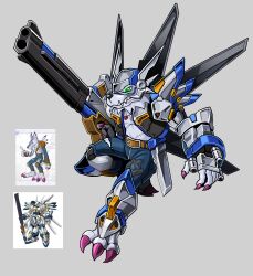1boy absurdres arm_cannon armor black_vest blue_fur blue_pants body_fur cyborg denim digimon digimon_(creature) full_body furry furry_male fusion garurumon gauntlets green_eyes grey_background highres holding_cannon male_focus mechanical_wings pants paper_bot simple_background solo super_robot_wars vest weapon weissritter weregarurumon_sagittarius_mode werewolf white_armor wings