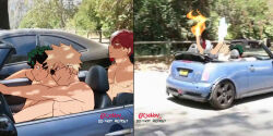 3boys bakugou_katsuki blonde_hair boku_no_hero_academia burn_scar car commentary convertible driving english_commentary fire freckles green_hair highres ice male_focus mica_(c_killjoy) midoriya_izuku motor_vehicle multicolored_hair multiple_boys photo_background red_hair scar smile split-color_hair sunglasses todoroki_shoto toned toned_male topless_male tree_shade two-tone_hair white_hair yaoi