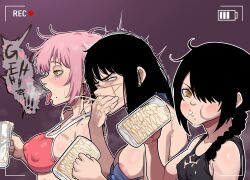 3girls absurdres annoyed bikini black_hair black_shirt blue_bikini braid braided_ponytail breasts burp chainsaw_man cheek_bulge covered_erect_nipples covering_own_mouth cropped_torso cum cum_in_container cum_in_mouth cum_on_body disgust earrings eyebrows facial fami_(chainsaw_man) female_focus freshnsfw from_side gokkun hair_over_one_eye half-closed_eye hand_over_own_mouth hand_up highres holding holding_jar implied_hetero jar jewelry large_breasts loli long_hair long_tongue looking_afar looking_at_viewer looking_to_the_side low_ponytail mole mole_on_shoulder mole_under_mouth multicolored_bikini multiple_girls nayuta_(chainsaw_man) one_eye_closed open_mouth pink_bikini pink_eyes ponytail profile purple_background recording ringed_eyes scar scar_on_face shirt simple_background sleeveless sleeveless_shirt small_breasts swimsuit tongue tongue_out torogao two-tone_bikini vomiting_cum white_bikini yellow_eyes yoru_(chainsaw_man)