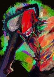 1boy black_background black_pants chainsaw chainsaw_man colorful dark_background denji_(chainsaw_man) facing_viewer hybrid no_eyes open_mouth pants sakae_(cj60909002) sharp_teeth simple_background solo teeth topless_male