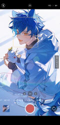 Rule 34 | 1boy, alternate costume, animal ears, blue hair, camera phone, crim0x0, ensemble stars!, hair between eyes, highres, holding snowman, jacket, looking at viewer, male focus, mini snowman, open mouth, pants, recording, sazanami jun, short hair, sleeves past wrists, smile, snowman, squatting, turtleneck, viewfinder, white jacket, white pants, yellow eyes