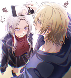 1boy 1girl anger_vein angry annoyed black_shoes black_skirt blonde_hair blue_eyes blue_jacket blue_shirt blush cellphone chromatic_aberration clenched_teeth closed_mouth contemporary dated_commentary dimitri_alexandre_blaiddyd edelgard_von_hresvelg embarrassed fire_emblem fire_emblem:_three_houses forehead from_above hair_between_eyes hair_down height_conscious height_difference highres holding holding_phone jacket long_hair medium_hair meme nintendo phone purple_eyes red_shirt shirt shoes skirt smartphone soma_otakuu squiggle taking_picture teeth white_hair