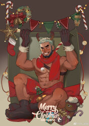Rule 34 | 1boy, abs, bara, beard, chenxiaocheng923, dark-skinned male, dark skin, facial hair, fake antlers, full beard, gift wrapping, green hair, grin, hand up, highres, male focus, mature male, merry christmas, muscular, muscular male, navel, nipples, original, short hair, smile, socks, solo, sparse chest hair, sparse leg hair, stomach, stuffed animal, stuffed toy, teddy bear, thick eyebrows
