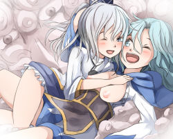 2girls bad_id bad_pixiv_id blue_eyes blue_hair blush breasts breasts_out hat kumoi_ichirin medium_breasts mononobe_no_futo multiple_girls nipples one_eye_closed open_mouth ponytail shuga_(soranote) tate_eboshi touhou unzan white_hair yuri
