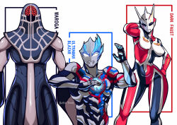 1girl 2boys alternate_breast_size arm_behind_head artist_name breasts butter_sugoi character_name covered_erect_nipples curvy dark_faust hand_on_own_hip highres horns medium_breasts multiple_boys narrow_waist signature thick_thighs thighs toned toned_male ultra_series ultraman_blazar ultraman_blazar_(series) ultraman_cosmos_(series) ultraman_nexus_(series) waroga