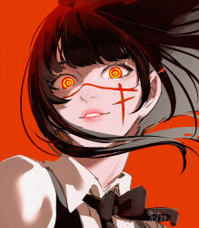 1girl absurdres black_bow black_hair bow chainsaw_man facial_scar fourth_east_high_school_uniform grin highres long_hair looking_at_viewer mistxii red_eyes scar scar_on_cheek scar_on_face school_uniform shirt simple_background smile solo white_shirt yellow_eyes yoru_(chainsaw_man)