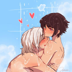 1boy 1girl black_hair closed_eyes completely_nude dante_(devil_may_cry) devil_may_cry_(series) green_eyes heart heterochromia hug jumpoon lady_(devil_may_cry) nude red_eyes scar scar_on_face scar_on_nose showering signature wet white_hair