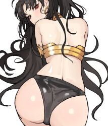 1girl absurdres armlet ass back bikini black_hair blush detached_sleeves earrings fate/grand_order fate_(series) gold_bikini gold_choker highres hoop_earrings ibr ishtar_(fate) jewelry long_hair looking_at_viewer looking_back red_eyes single_detached_sleeve swimsuit two_side_up