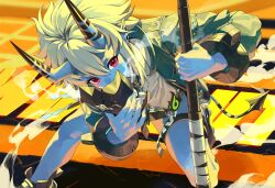 1girl blue_skin colored_skin horns jacket kamu_(kamuuei) mask on_one_knee red_eyes soukaku_(zenless_zone_zero) tail zenless_zone_zero