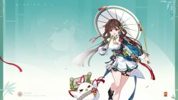 1girl bare_shoulders bird black_shoes breasts brown_eyes brown_hair character_name chinese_clothes chinese_commentary commentary_request dress hair_ornament highres holding holding_sword holding_umbrella holding_weapon honkai_(series) honkai_impact_3rd jewelry jian_(weapon) jingwei_(bird) li_sushang long_hair long_sleeves medium_breasts official_art orange_eyes shoes smile sword thigh_strap thighs umbrella weapon zoom_layer