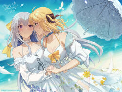 2girls absurdres ahoge anisphia_wynn_palettia beach bird black_ribbon blonde_hair blue_choker blue_hair blush bow breasts choker cinnamyon closed_mouth colored_inner_hair commentary commentary_request couple cowboy_shot day dress english_commentary euphyllia_magenta eye_contact eyepatch floral_print green_eyes grey_hair hair_between_eyes hair_ribbon hand_on_another&#039;s_face highres holding_hands interlocked_fingers jacket large_breasts lens_flare long_hair looking_at_another medium_hair mixed-language_commentary multicolored_hair multiple_girls ocean off-shoulder_dress off_shoulder open_clothes open_jacket outdoors parasol purple_eyes ribbon see-through_clothes shore smile standing tensei_oujo_to_tensai_reijou_no_mahou_kakumei two-tone_hair umbrella very_long_hair water watermark web_address white_choker white_dress white_jacket yellow_bow yuri
