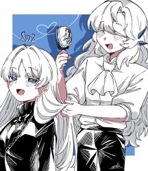 1boy 1girl :d angelica_(project_moon) argalia_(project_moon) ascot black_jacket black_pants black_sweater blue_background blue_eyes border brushing_hair highres jacket library_of_ruina limited_palette long_hair long_sleeves looking_at_another open_mouth pants project_moon q38jkwbeuo7116 shirt siblings simple_background smile sweater upper_body very_long_hair white_ascot white_border white_hair white_shirt