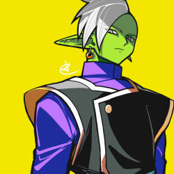 1boy blue_sash colored_skin dragon_ball dragon_ball_super earrings frown green_skin grey_eyes highres jewelry ldrcrest long_sleeves looking_down mohawk pointy_ears potara_earrings purple_shirt sash shirt short_hair solo white_hair yellow_background zamasu