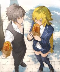 ! 1boy 1girl absurdres arm_at_side black_pants black_thighhighs black_vest blonde_hair blue_bow blue_jacket blue_shorts bow braid braided_ponytail brown_footwear closed_mouth cobblestone commentary dappled_sunlight eating fate/apocrypha fate_(series) food foreshortening full_body grey_hair hair_between_eyes hair_bow hand_up hands_up highres holding holding_food jacket jeanne_d&#039;arc_(fate) jeanne_d&#039;arc_(girl_from_orleans)_(fate) loafers long_hair long_sleeves looking_at_another looking_down outdoors pants purple_eyes red_eyes road sandwich shirt shoes short_hair shorts sieg_(fate) single_braid smile spoken_exclamation_mark standing street sunlight thighhighs vest white_shirt wrapper zettai_ryouiki zuraa_(naunau_seijin)