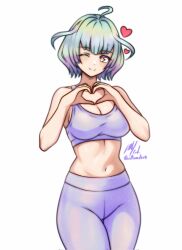 1girl ;) bob_cut breasts cleavage commentary english_commentary fire_emblem fire_emblem_heroes heart heart_hands highres large_breasts looking_at_viewer multicolored_hair navel nintendo one_eye_closed pants purple_pants purple_sports_bra rotomdocs seidr_(fire_emblem) smile solo sports_bra