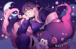 1girl animal animal_ears blunt_bangs bright_pupils choker crescent_moon crop_top cross english_text gomi_(gomiidd) gomiidd hand_on_own_face highres horns long_hair looking_at_viewer looking_down midriff moon original sheep sheep_ears sheep_girl sheep_horns sitting solo white_pupils yellow_eyes