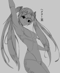 1girl arm_up armpits ass bikini breasts covered_navel cowboy_shot floating_hair grey_background greyscale hair_between_eyes hatsune_miku hectorrambito highres leaning_back long_hair medium_breasts monochrome one-piece_swimsuit sidelocks small_breasts solo swimsuit thighs translation_request twintails upper_body very_long_hair vocaloid