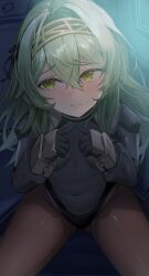 Rule 34 | 1girl, absurdres, black gloves, black ribbon, blush, breasts, brown pantyhose, cockpit, covered navel, embarrassed, facing viewer, fur collar, fur trim, furrowed brow, gloves, gluteal fold, goddess of victory: nikke, green hair, hair between eyes, hair intakes, hair ribbon, hairband, highres, index fingers together, kilo (nikke), leotard, long hair, long sleeves, looking to the side, mechanical gloves, pantyhose, ribbon, shrug (clothing), sitting, small breasts, solo, ssa (kiseion), tearing up, thighs, wavy mouth, yellow eyes, yellow hairband
