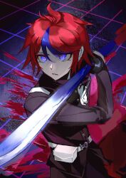 1boy absurdres ahoge belt belt_pouch black_pants blood blue_eyes blue_streaks chinese_commentary cowboy_shot eyeliner gakuran highres holding holding_sword holding_weapon hole_in_chest hole_on_body last_defense_academy_school_uniform makeup male_focus multicolored_hair pants parted_lips pouch red_eyeliner red_hair school_uniform short_hair sketch streaked_hair sumino_takumi sword the_hundred_line_-last_defense_academy- weapon white_belt yunyan624