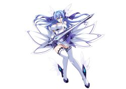 1girl absurdres bare_shoulders blue_eyes blue_hair boots breasts celestia_(kouyoku_senki_exs-tia) cleavage dress elbow_gloves full_body gloves hair_between_eyes hair_intakes hair_ornament high_heels highres holding holding_sword holding_weapon katsuragi_marina kouyoku_senki_exs-tia large_breasts long_hair looking_at_viewer open_mouth short_dress solo sword thigh_boots thighhighs transparent_background variant_set weapon white_dress white_gloves white_thighhighs wing_hair_ornament wings yuu_sagi zettai_ryouiki