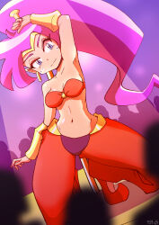 1girl arm_up armpits artist_name blue_eyes breasts cleavage dark-skinned_female dark_skin dated half-closed_eyes highres large_breasts legs long_hair looking_at_viewer midriff navel pants pole_dancing purple_hair seductive_gaze seductive_smile shantae shantae_(series) sideboob smile squatting strapless thighs tube_top very_long_hair