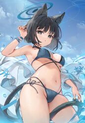 animal_ears between_legs bikini black_hair blue_archive blue_bikini blue_halo breasts cat_ears cat_girl cat_tail from_below halo highres kikyou_(blue_archive) kikyou_(swimsuit)_(blue_archive) kita_(kitairoha) layered_bikini medium_breasts multiple_tails official_alternate_costume short_hair swimsuit tail tail_between_legs two_tails water