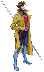 Rule 34 | 1990s (style), 1998, 1boy, absurdres, bengus, black eyes, bodysuit, brown hair, capcom, coat, fingerless gloves, gambit, game cg, gloves, highres, jacket, male focus, marvel, marvel vs. capcom, non-web source, official art, red pupils, retro artstyle, solo, staff, superhero costume, trench coat, x-men