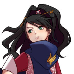 ace_attorney ace_attorney_investigations black_hair blue_scarf green_eyes kay_faraday long_hair moon_white pink_vest ponytail scarf vest
