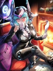 android_mk.99 black_suit blue_hair breasts couch cup cushion fasui-hb formal_clothes gloves highres large_breasts pink_eyes reading sitting suit white_gloves