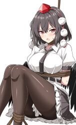 1girl absurdres arms_behind_back bird_wings black_wings blush bound bound_arms breasts brown_hair brown_pantyhose collared_shirt commentary frilled_skirt frills hat highres large_breasts looking_at_viewer medium_hair open_mouth pantyhose pom_pom_(clothes) red_eyes red_hat restrained ribbon-trimmed_skirt ribbon_trim rise_(rise19851203) rope shameimaru_aya shirt short_sleeves simple_background skirt solo sweatdrop tokin_hat touhou white_background white_shirt wings