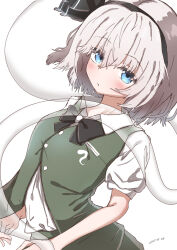 1girl black_bow black_bowtie black_hairband blue_eyes blush bow bowtie commentary_request dated dutch_angle green_eyes green_skirt green_vest hairband highres hitodama isgod konpaku_youmu konpaku_youmu_(ghost) looking_at_viewer shirt short_hair short_sleeves simple_background skirt solo touhou vest white_background white_shirt