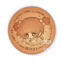 1girl 2025 :o aged_down blunt_bangs blush_stickers bow brown_theme chibi child eyelashes flower frilled_sailor_collar frills hair_bow hand_on_own_chin highres long_sleeves looking_at_viewer monochrome nikki_(nikki) nikki_(series) open_mouth puffy_long_sleeves puffy_sleeves sailor_collar shining_nikki shirt short_hair short_twintails solo surprised tareme twintails watermark white_background yiliwa young_nikki_(shining_nikki)