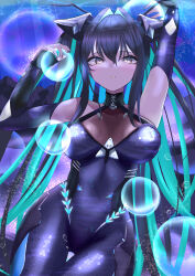 1girl absurdres aqua_hair black_bodysuit black_hair bodysuit breasts cleavage colored_inner_hair goddess_of_victory:_nikke hair_intakes halterneck highres kirisameryoma large_breasts little_mermaid_(nikke) long_hair looking_at_viewer multicolored_hair see-through_cleavage see-through_clothes solo twintails very_long_hair yellow_eyes