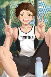 1boy :d absurdres bare_arms bare_shoulders bike_shorts black_shorts blush bottle brown_eyes brown_hair bulge chain-link_fence collarbone crotch_seam day double_v ensemble_stars! fence hands_up highres knees_up kogatetora looking_at_viewer male_focus open_mouth outdoors pectoral_cleavage pectorals short_hair shorts sitting sleeveless smile solo sportswear spread_legs tank_top tenma_mitsuru toned toned_male v water_bottle