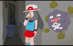 1girl absurdres against_wall alley arm_at_side black_eyes blue_shirt blue_socks blush_stickers bright_pupils can creatures_(company) drink_can drinking flat_color game_freak gen_1_pokemon grey_hair highres industrial_pipe koffing leaf_(pokemon) long_hair miniskirt nintendo pokemon pokemon_(creature) pokemon_frlg red_skirt shirt skirt sleeveless sleeveless_shirt smog socks soda_can solo trash_bag trash_can white_headwear white_pupils yakitaka_riza
