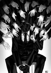 1other alitaba_art between_legs black_gloves black_hair black_necktie black_suit black_vest collared_shirt faceless formal_clothes gloves gradient_background hand_between_legs hand_on_another&#039;s_face hand_on_another&#039;s_head hand_on_another&#039;s_shoulder head_tilt library_of_ruina looking_at_viewer male_focus mask necktie on_stool project_moon reaching reaching_towards_another roland_(project_moon) shirt sitting solo spread_legs suit too_many_hands vest white_background white_gloves white_shirt