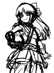 1girl ainu_clothes breasts fingerless_gloves from_below gloves hair_ribbon highres long_hair looking_at_viewer monochrome nakoruru pants ribbon samurai_spirits sketch small_breasts smile snk the_king_of_fighters weapon