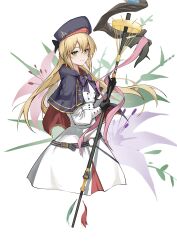 1girl absurdres artoria_caster_(fate) artoria_caster_(second_ascension)_(fate) artoria_pendragon_(fate) beret black_gloves blonde_hair blue_hat commentary dress fate/grand_order fate_(series) flower gloves green_eyes hair_between_eyes hat highres holding holding_staff long_hair long_sleeves looking_at_viewer mage_staff paradox_(parapa) purple_flower simple_background smile solo staff staff_of_selection_(fate) white_background white_dress