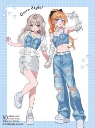 2girls :p arm_cutout artist_name bare_arms bare_legs bare_shoulders belt belt_buckle black_bow blue_border blue_eyes blue_pants blue_vest blunt_bangs border bow braid brown_eyes brown_hair buckle buttons closed_mouth collarbone commentary_request commission criss-cross_halter crop_top denim denim_vest diamond_cutout dot_nose earrings eyelashes fashion fingernails frilled_shirt frilled_sleeves frills full_body grid_border hair_between_eyes hair_bow halter_shirt halterneck hand_up happy heart highres holding_hands hoop_earrings jeans jewelry leg_up long_hair midriff miniskirt moya_(toatomoot) multiple_girls navel open_mouth orange_hair original outside_border pants pencil_skirt platform_shoes polka_dot polka_dot_shirt ponytail puffy_short_sleeves puffy_sleeves ribbon ribs see-through_clothes see-through_shirt shirt shoes short_sleeves side_braids skeb_commission skirt smile sneakers socks tongue tongue_out torn_clothes torn_jeans torn_pants twin_braids v vest watermark white_arm_warmers white_background white_belt white_bow white_ribbon white_shirt white_shoes white_skirt white_socks