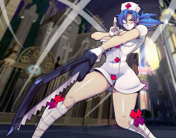 1girl artist_name bandaged_leg bandages blue_hair breasts butter_sugoi commentary cross dress eyepatch fighting_stance foreshortening furrowed_brow gloves hacksaw hat highres mask medical_eyepatch medium_breasts mouth_mask nurse nurse_cap ponytail red_cross red_eyes saw serious short_dress signature skullgirls solo valentine_(skullgirls) white_dress white_gloves