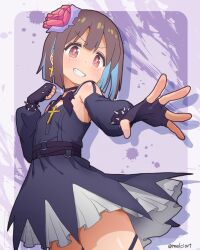 1girl absurdres artist_name belt black_choker black_dress blue_hair blunt_bangs bob_cut brown_eyes brown_hair choker chuunibyou clenched_hand colored_inner_hair commentary cross cross_earrings detached_sleeves double-parted_bangs dress drop_shadow earrings fingerless_gloves flat_chest flower frilled_dress frills gloves grin hair_flower hair_ornament highres hozuki_momiji jewelry long_sleeves melciort multicolored_hair o-ring o-ring_belt onii-chan_wa_oshimai! outstretched_arm puffy_long_sleeves puffy_sleeves short_hair simple_background smile solo spiked_wristband thigh_strap twitter_username two-tone_hair